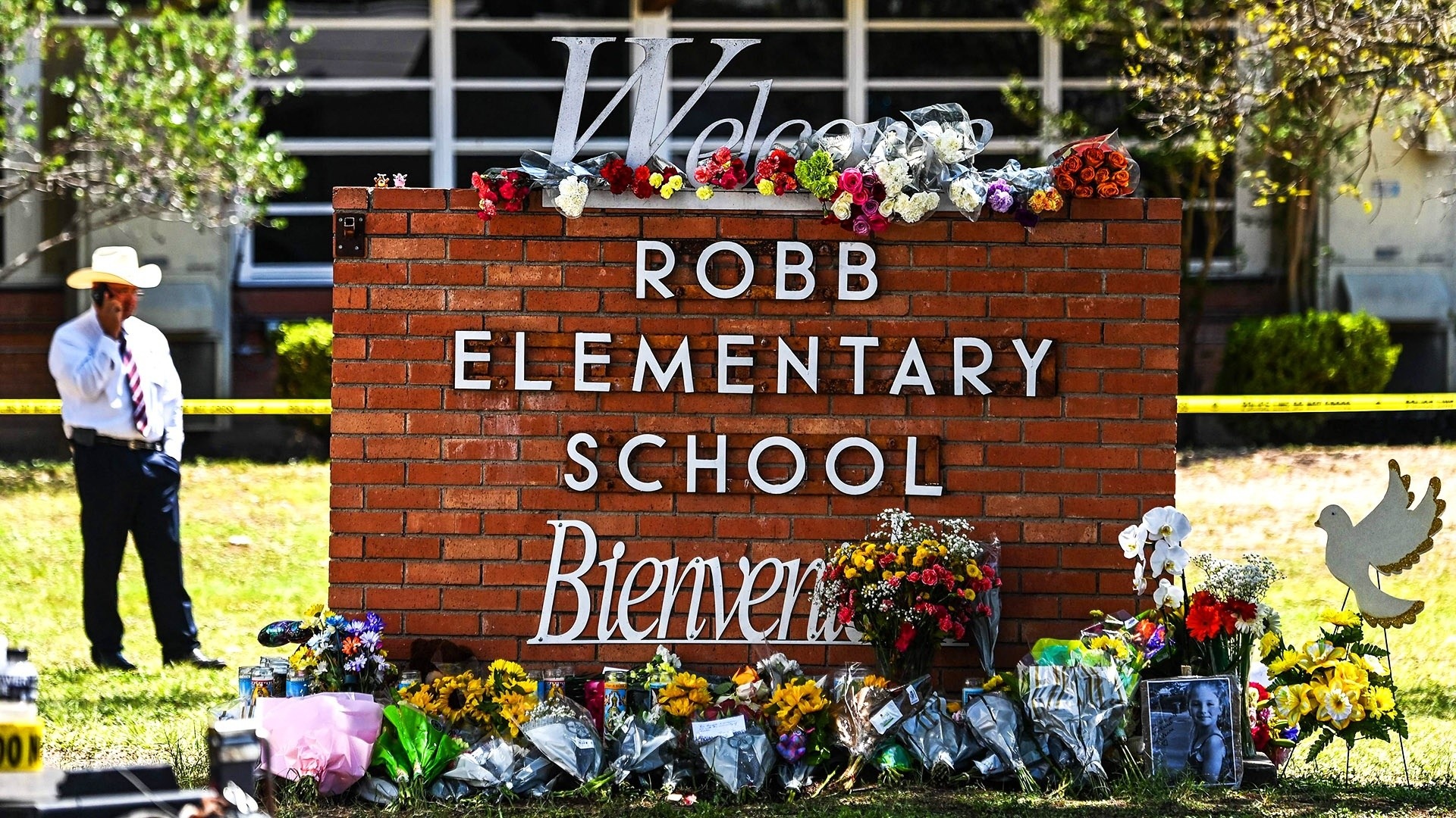 Memories decorate a makeshift memorial for victims of the Robb Elementary School shooting.