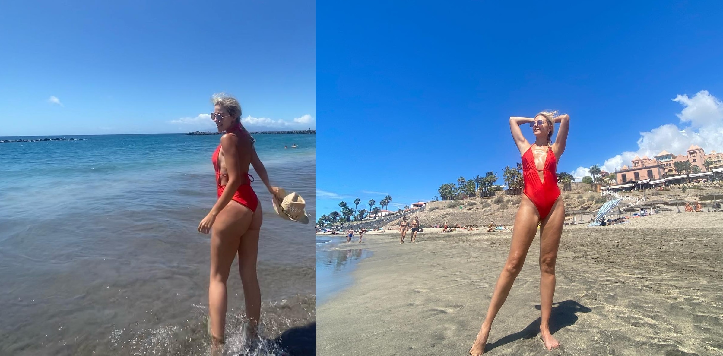 Fernanda Castillo looks on the beach with an elegant red swimsuit