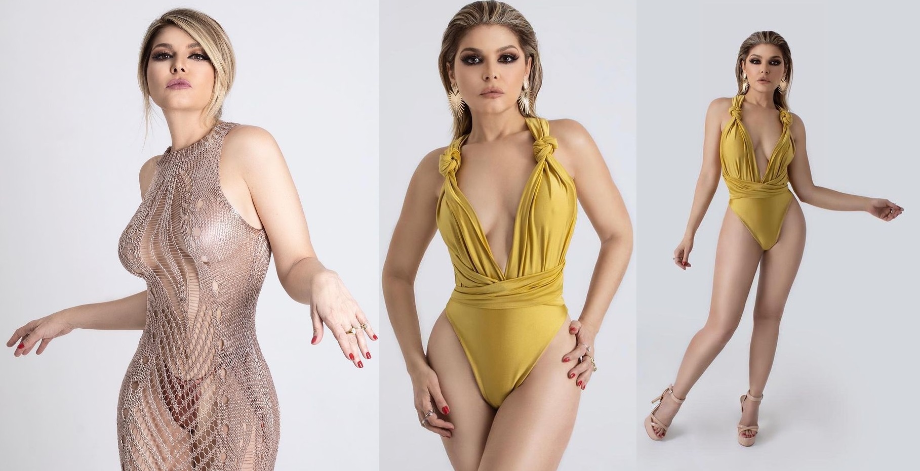 Itati Cantoral shows off her curves to the fullest wearing a yellow swimsuit with a deep neckline