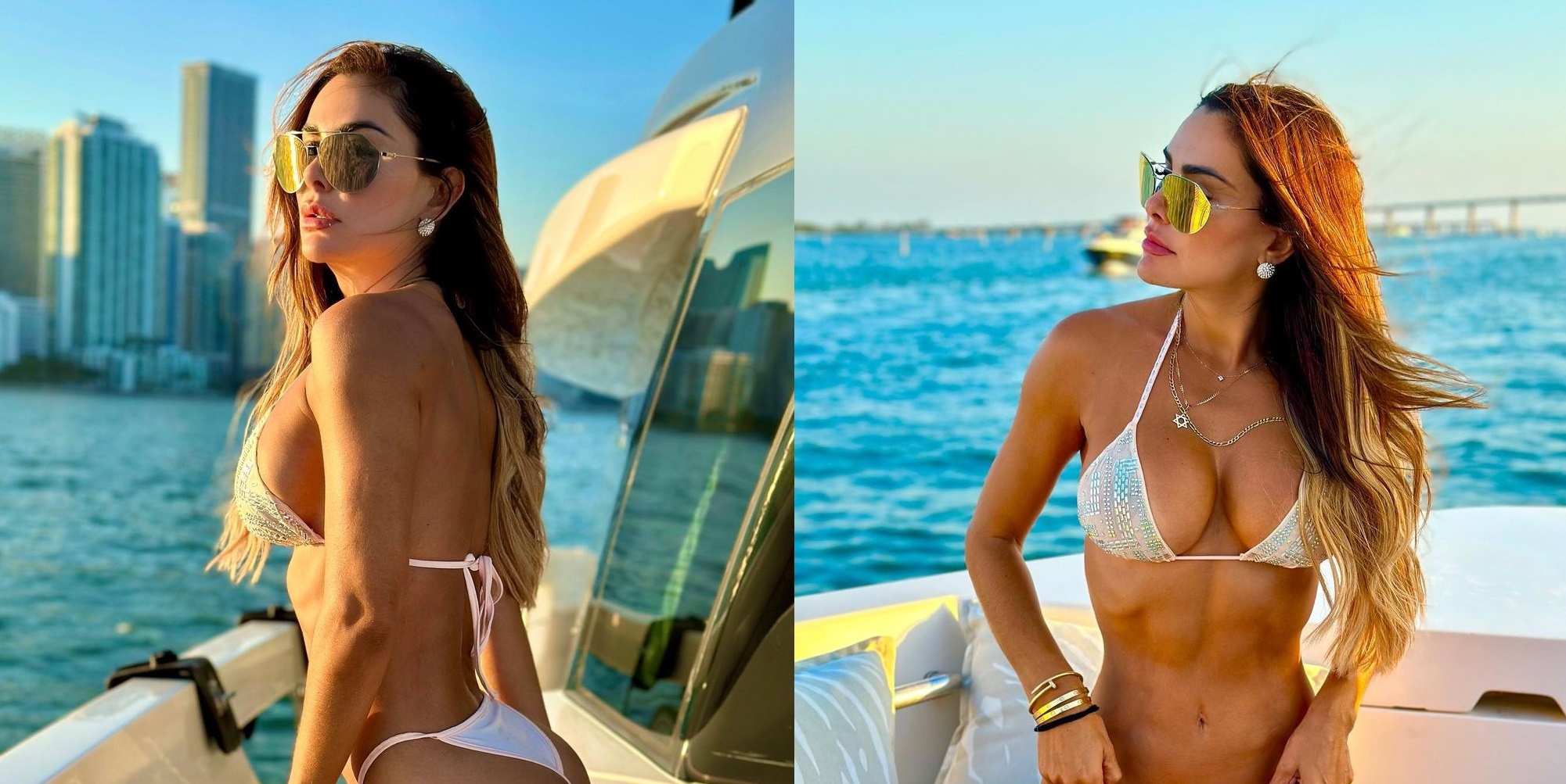 Ninel Conde shows off her tan in a string microbikini when posing on board a yacht