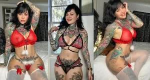 Tattoo model Pandora Blue strips to festive lingerie for fans as Christmas gift.