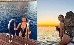 Demi Rose reveals her assets for fans after the swim as she climbs aboard on the boat