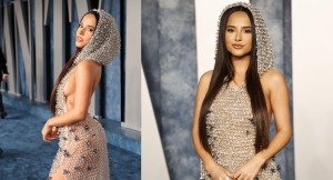 Becky G models a shiny dress full of transparencies and missing inners